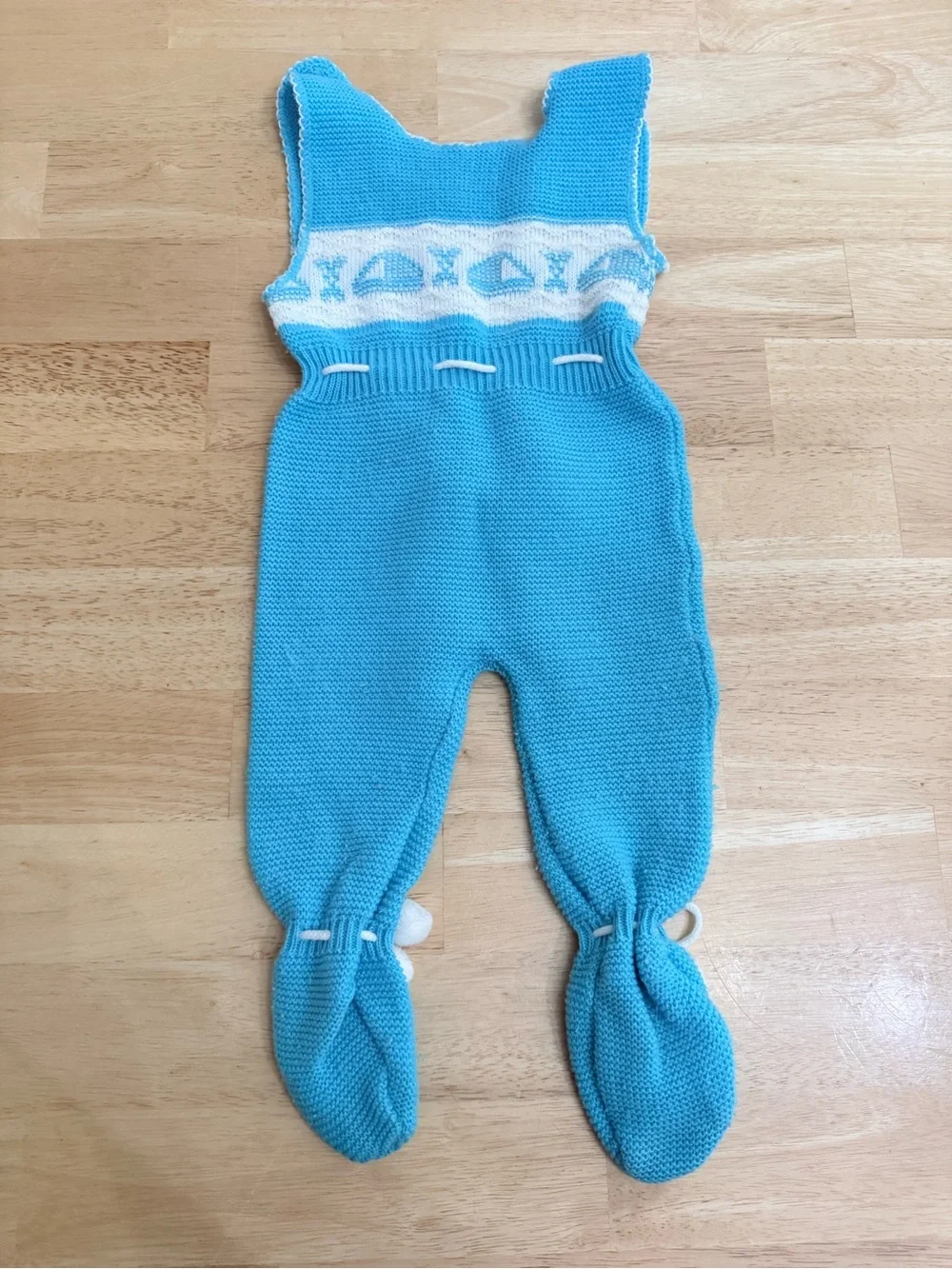 Vintage Grants Knit Footie Romper Overall Outfit Sailboat Teal White 12 Months